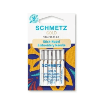 Agulha para bordadeira doméstica com revestimento de titânio GOLD EMBROIDERY 130/705 H-ET marca SCHMETZ - pacote com 5un
