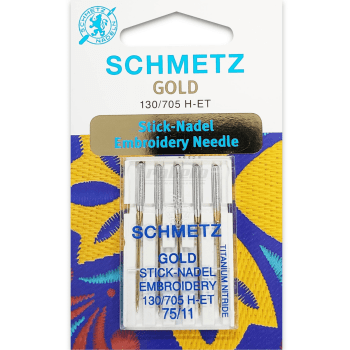 Agulha para bordadeira doméstica com revestimento de titânio GOLD EMBROIDERY 130/705 H-ET marca SCHMETZ - pacote com 5un