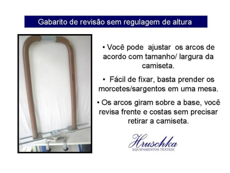 Gabarito de revisão com regulagem de largura e sargentos para fixação em mesa, para camisas e camisetas